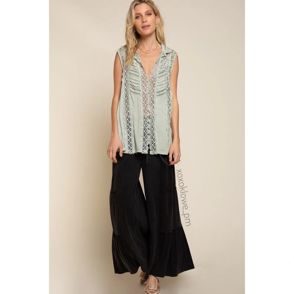 POL Green Pintuck Lace Button Down Top Sleeveless Relaxed Fit - Picture 9 of 11